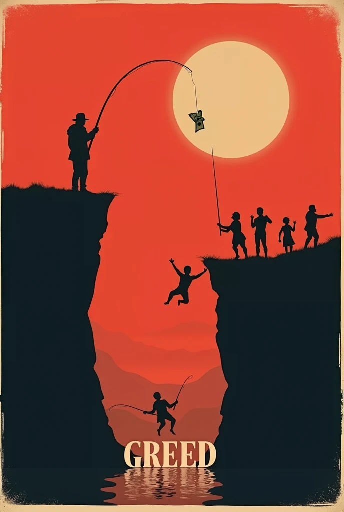 poster design, silhouette of a man can be seen standing on the edge of a cliff with a fishing pole, casting a roll of money as a bait to the other side, opposite of the man people can be seen chasing the bait, some people can be seen falling into a ravine. a bold stylize text "GREED" at the bottom, minimal colors of red and black
