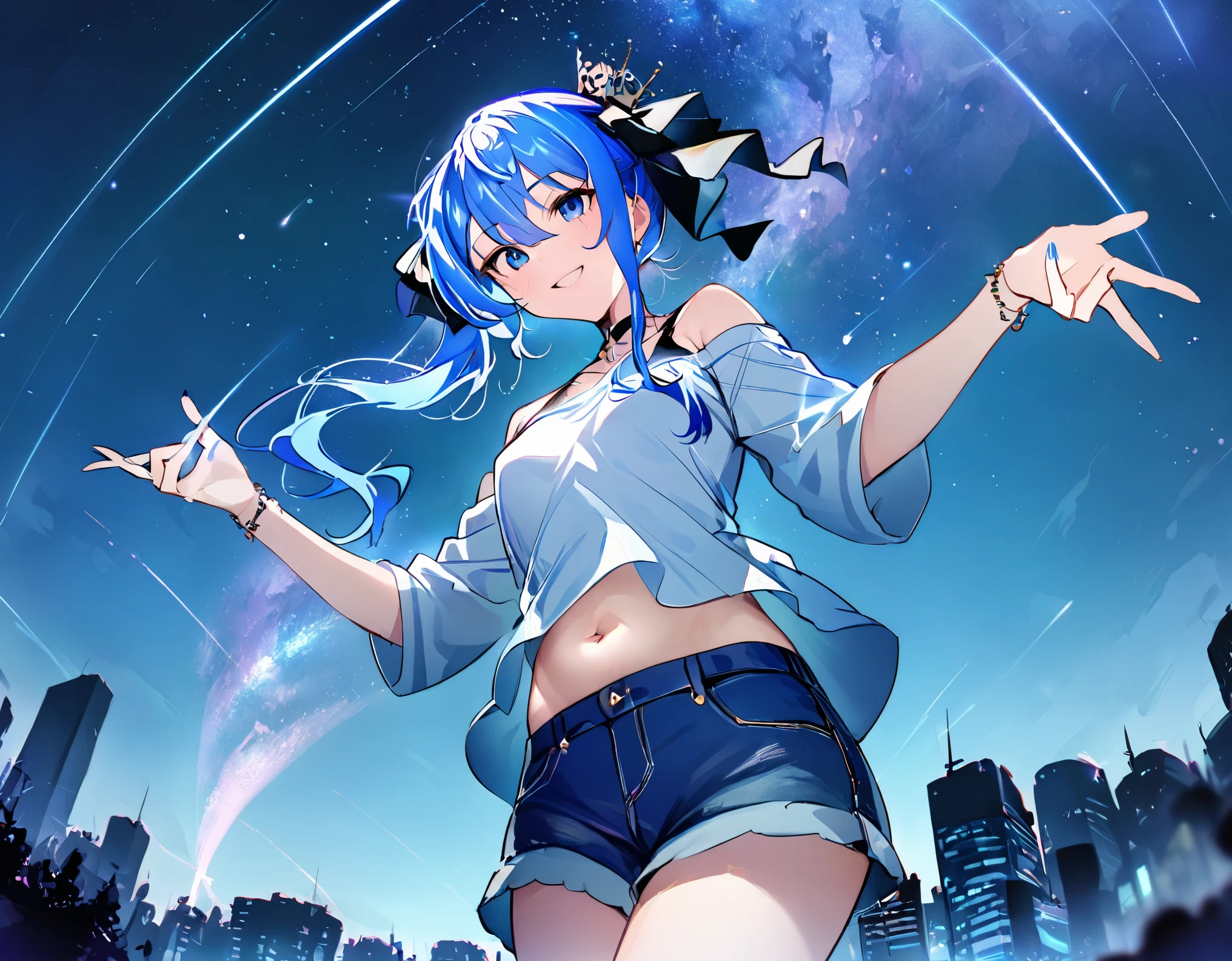 (8k、Best image quality、highest quality、masterpiece)、Detailed face、 1girl、Blue Hair、Long Hair、sideponytail、dark_blue_eyes、smile,(navel:0.6),Moderate_torso、small_breasts,((White T-shirt))、Off the shoulder、Black shoulder straps、(open_front_denim_short_shorts:1.2)、Shoot from below、City Background, starry_sky_landscape ,hoshimachi suisei, slender,(covered_nipples:0.3), (belly button:1.2),nihil,solo,stargaze,girl_looking_up_sky,(abs:0.6),(cherryblossom_background:0.5),thighs