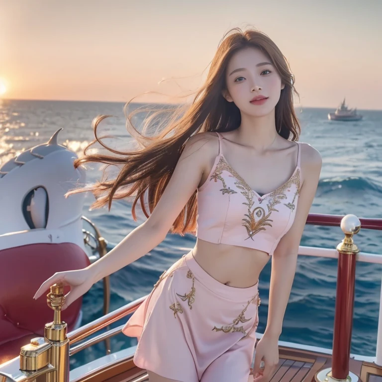 (((Masterpiece, best quality best, KHD, Highly detailed)))), ((((Daydream))), man, (woman)))), (Light pink short dress with gold embroidery), (Redhead with long straight hair), (Sparkling deep blue eyes), (Pink crop top with gold embroidery), bigger, (((On the deck of a ship sailing at sea)), (The vast sea))), (There are clouds visible in the sky.)), (( Seagulls fly in the sky.)), smile, (The wind blows gently.), light particles can fly
