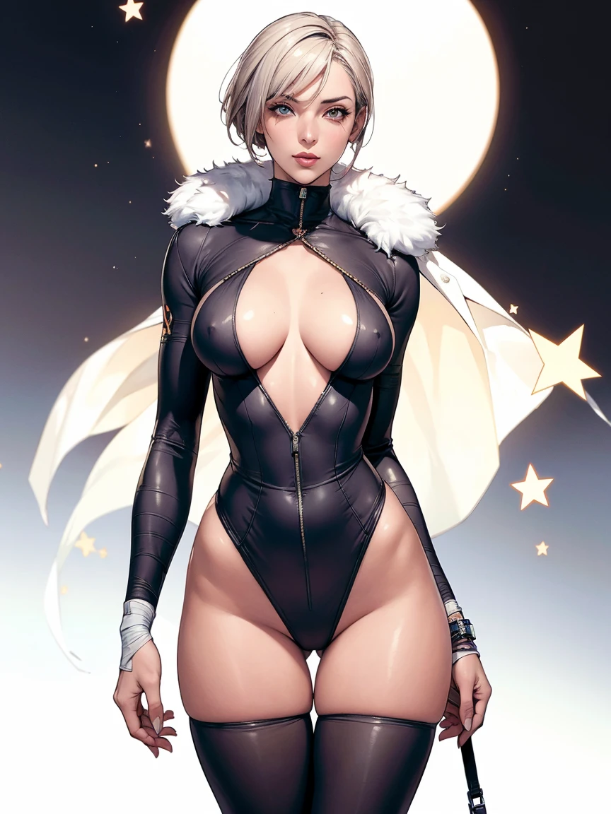 (((Annie Lennox))), (((colorful suit))), (scars), (((bandaged arms))), (((colorful clothes))) (( hood)), (((best quality: 1.4))), (Unbeatable masterpiece), (hyper HD),(CG 8k hyper-realistic), beautiful face, (((breasts big))), (((hyper feminine))), sexly girl, ((round face)), black tattoo,(ultra short red hair with white highlights)), ((( sculptural body ))), (((1 Kizi))), Kizi tatuada de 25 anos com perfect body, perfect hands, perfect fingers ,Beautiful and well-groomed face, (round face), muscular body:1.2,solid color detailed jacket, (Head to thigh photos), Complex equipment, ,Tight clothes,With white stars and off-white stripes,,,,,Armor Metal Electronic Parts, Poison tattoos ) INFO, Kizi, (((standing alone))), , 24歳, sexy, pose de attitude, work of art, dancing, ((slight smile)), post-apocalypse, (((manga style))), bounty hunter, the way you want, perfect body, roupa moderna, advanced technology, white, yellow accent, black, red accent, fur collar jacket, sleeves with vertical striped pattern, background city, (( cowboy shot )). intricate visual, narrow waist, (((wide hips))), wide hips, fit thighs, (((thigh gap))), Thigh gap, background shows a futuristic airplane, open expression, expression happy