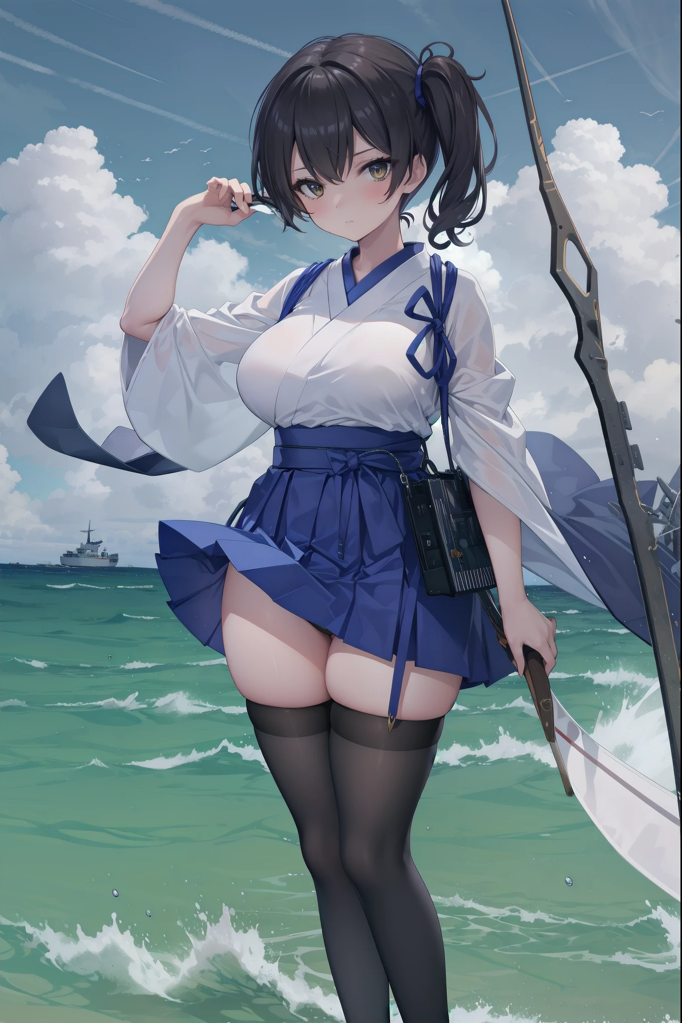 Kaga(Fleet Collection),highest quality, masterpiece, High resolution,kimono,blue skirt,side ponytail,big_breasts,large_thighs,thigh-highs,plump,hold_Japanese_bow,(angry:0.7),ocean_landscape,