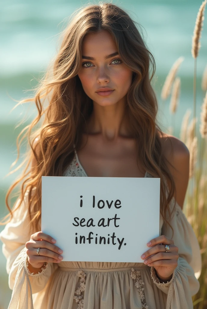 Beautiful girl with wavy long hair, bohemian dress, holding a white board with text "I Love Seaart Infinity" and showing it to the viewer