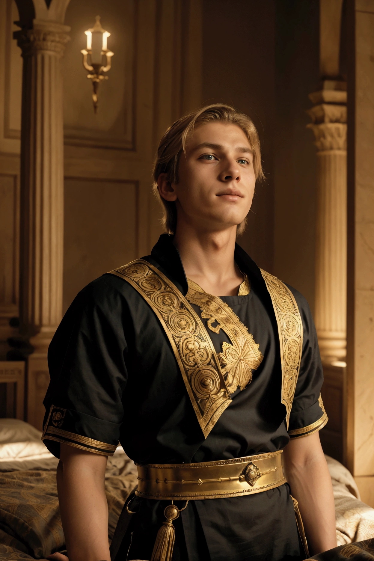 Generate a beautiful 16 year old boy with blonde hair and simple ancient tunics, standing in front of a massive 4 post bed with the king sitting on it. A crown on his head and a smirk on his face with wild eyes, on a dark battlefield wielding a sword on a horse. Ancient settings, massive chambers.Captured as a cinematic film still, shot on a V-Raptor XL, the scene is enhanced with film grain, vignette, color grading, and post-processing. The cinematic lighting and 35mm film quality create an atmospheric, epic, and stunning masterpiece, full of dramatic flair.