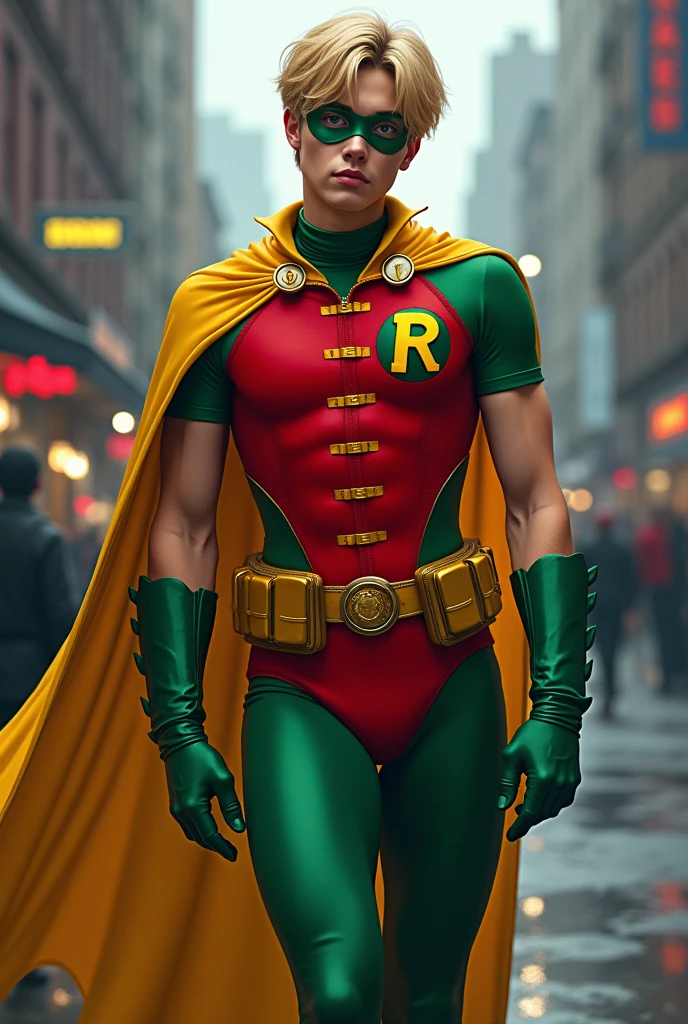 Blond Jimin dressed as Robin from Batman
