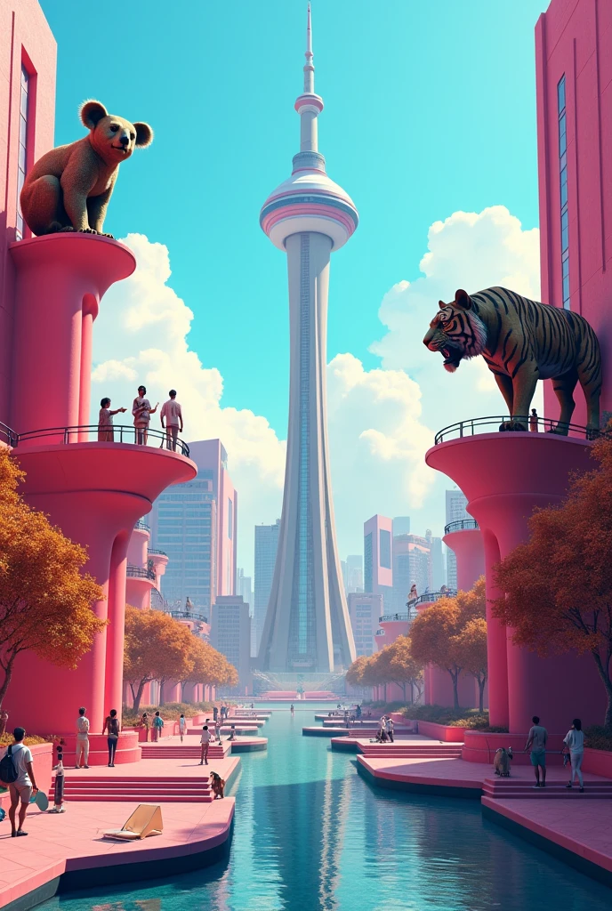 Futuristic city, pop and cool、It's bright and has a big tower in the middle.、There is a bronze statue of a koala on top of the building to the left of the tower.、There is a bronze statue of a tiger on top of the building on the right.。In front of the tower there are some floating, medium-sized flat surfaces where people can rest and access them with stairs.、
