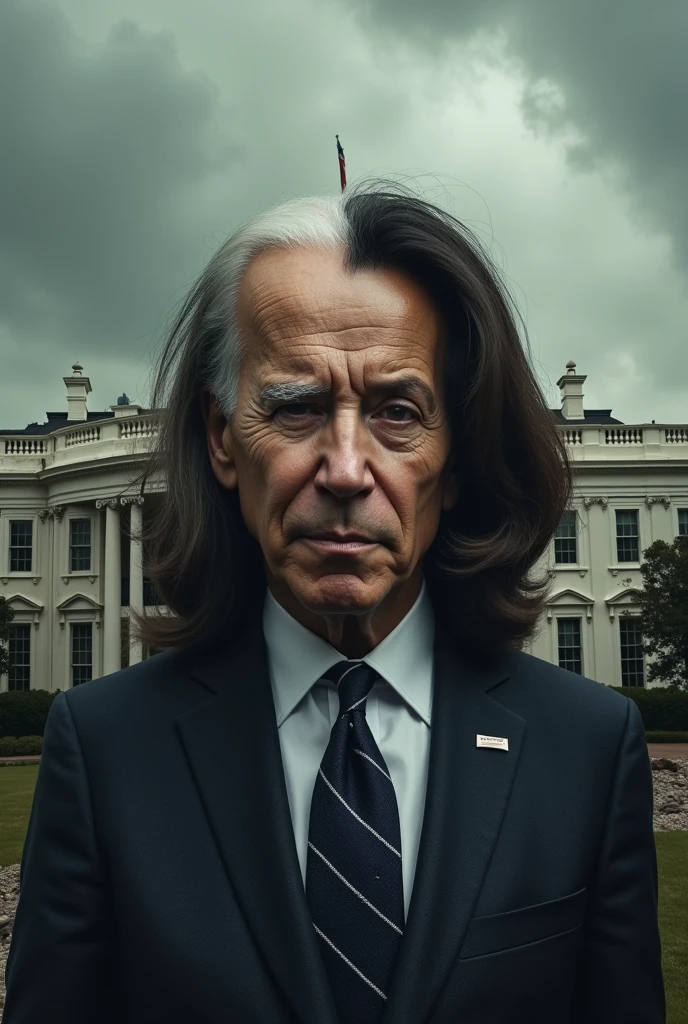 Make a two faced style Joe Biden and Kamala Harris as one person standing in front of an apocalyptic whitehouse