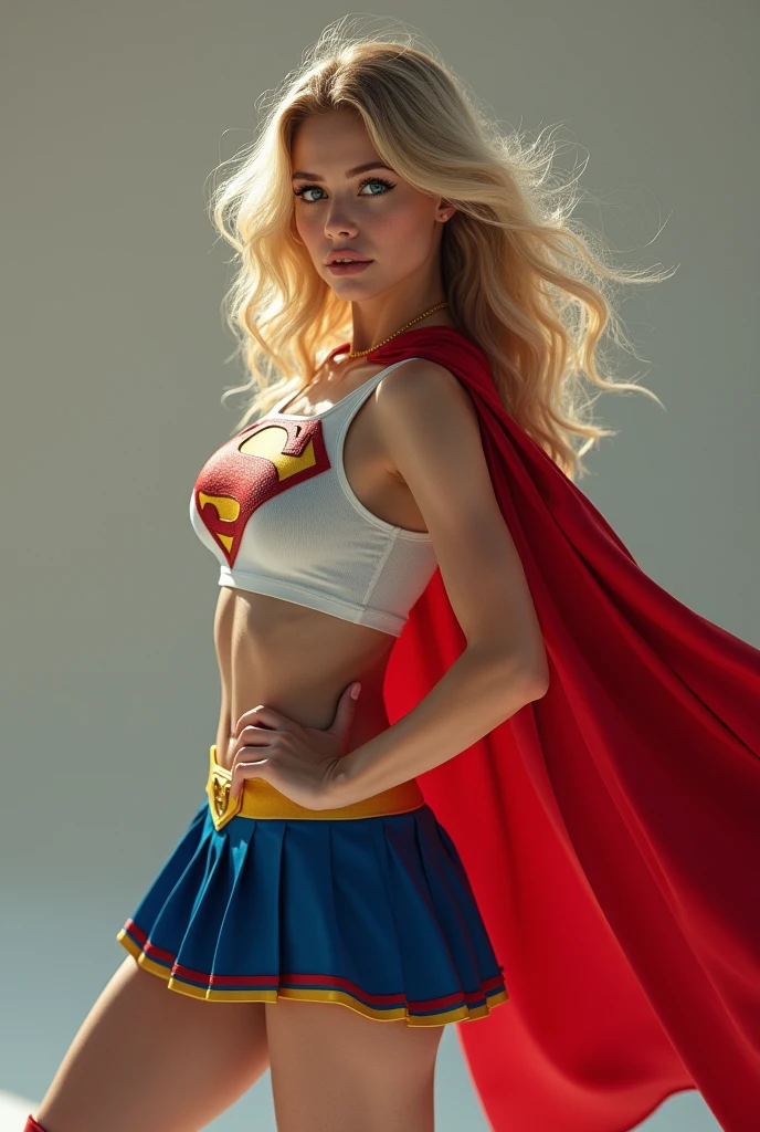 full view of A SEXY AGE FEMALE WITH DARK BLUE EYES AND MEDIUM MESSY GOLDEN BLONDE HAIR WEARING A CLASSIC WHITE SUPERGIRL LONG SLEEVED CROP TOP COSTUME, A SHORT BLUE PLEATED SKIRT WITH A YELLOW BELT, RED HIGH HEELED BOOTS, AND SHORT RED SUPERMAN CAPE WITH YELLOW TRIM. large breasts, incredibly detailed skin and eyes, seductive poses, 8K resolution, masterpiece, ultra-detailed, realistic, photo-realistic, vivid colors, dramatic lighting,