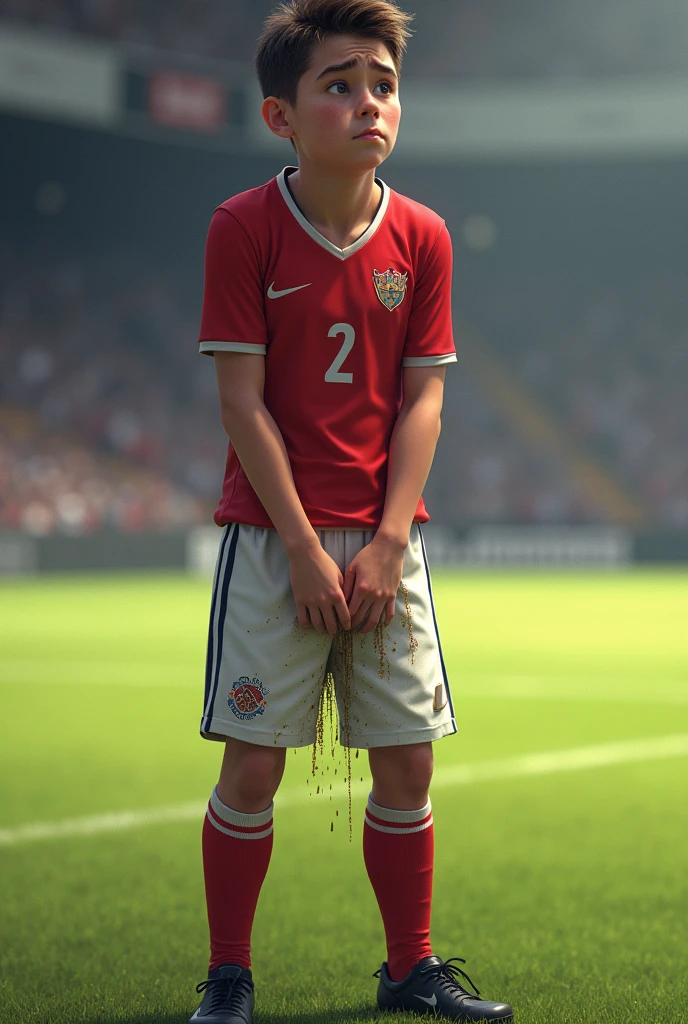 a soccer player,pee stain pants middle,Dripping to the ground