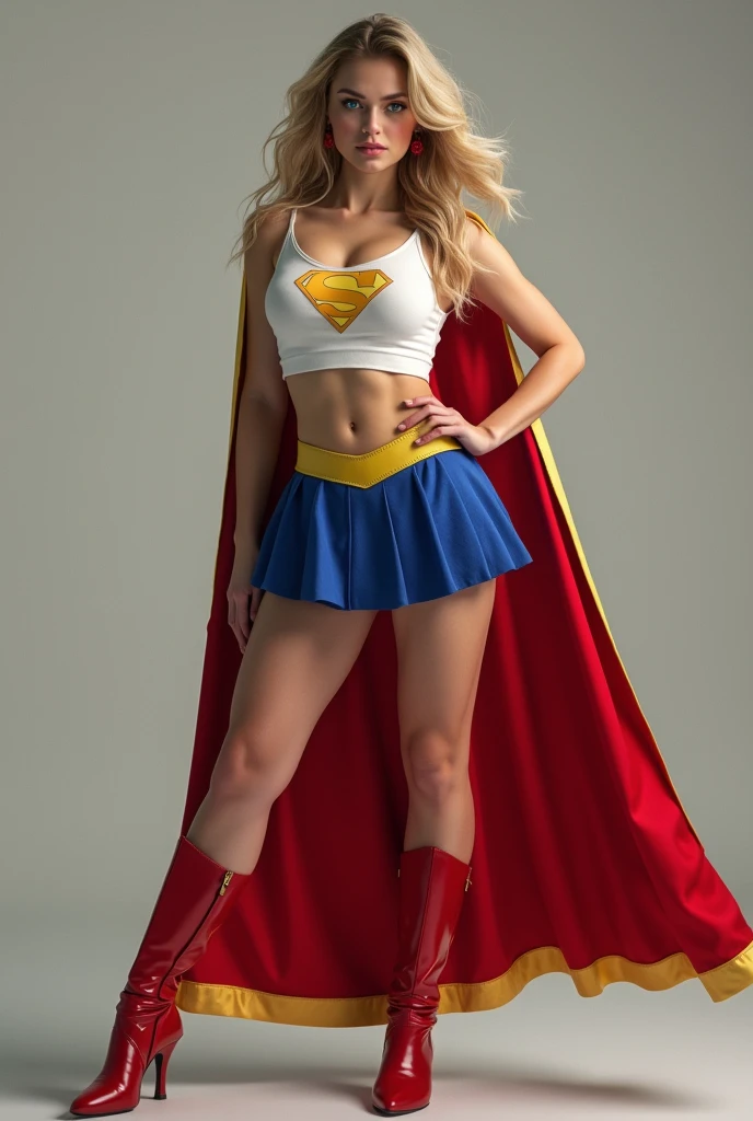 full view of A SEXY TEENAGE FEMALE WITH DARK BLUE EYES AND MEDIUM MESSY GOLDEN BLONDE HAIR WEARING A CLASSIC WHITE SUPERGIRL LONG SLEEVED CROP TOP COSTUME, A SHORT BLUE PLEATED SKIRT WITH A YELLOW BELT, RED HIGH HEELED BOOTS, AND SHORT RED SUPERMAN CAPE WITH YELLOW TRIM. large breasts, incredibly detailed skin and eyes, seductive poses, 8K resolution, masterpiece, ultra-detailed, realistic, photo-realistic, vivid colors, dramatic lighting,