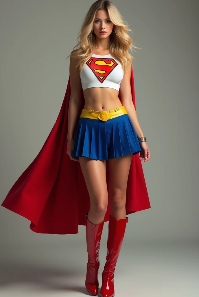 full view of A SEXY AGE FEMALE WITH DARK BLUE EYES AND MEDIUM MESSY GOLDEN BLONDE HAIR WEARING A CLASSIC WHITE SUPERGIRL LONG SLEEVED CROP TOP COSTUME, A SHORT BLUE PLEATED SKIRT WITH A YELLOW BELT, RED HIGH HEELED BOOTS, AND SHORT RED SUPERMAN CAPE WITH YELLOW TRIM. large breasts, incredibly detailed skin and eyes, seductive poses, 8K resolution, masterpiece, ultra-detailed, realistic, photo-realistic, vivid colors, dramatic lighting,
