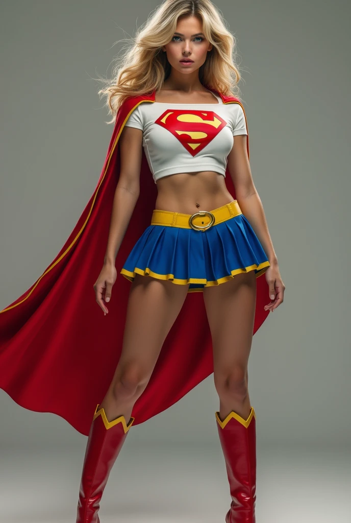 full view of A SEXY AGE FEMALE WITH DARK BLUE EYES AND MEDIUM MESSY GOLDEN BLONDE HAIR WEARING A CLASSIC WHITE SUPERGIRL LONG SLEEVED CROP TOP COSTUME, A SHORT BLUE PLEATED SKIRT WITH A YELLOW BELT, RED HIGH HEELED BOOTS, AND SHORT RED SUPERMAN CAPE WITH YELLOW TRIM. large breasts, incredibly detailed skin and eyes, seductive poses, 8K resolution, masterpiece, ultra-detailed, realistic, photo-realistic, vivid colors, dramatic lighting,