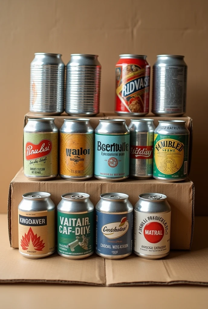 cardboard with 12 tin cans