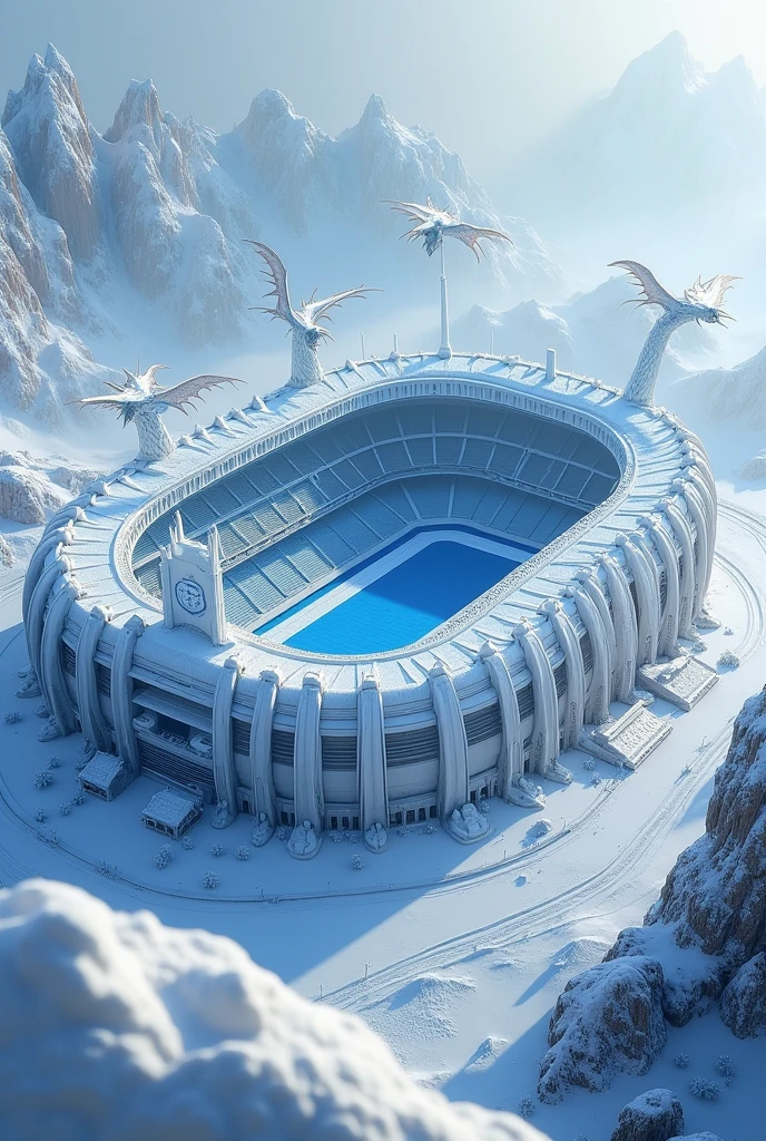 

"Design a 4K football stadium in a snowy setting, with highly visible snow texture covering the structure. Incorporate white dragons with blue details into the design, either as decorative elements on the stadium's exterior or as part of the surrounding environment. Ensure the overall scene is dramatic and visually striking."