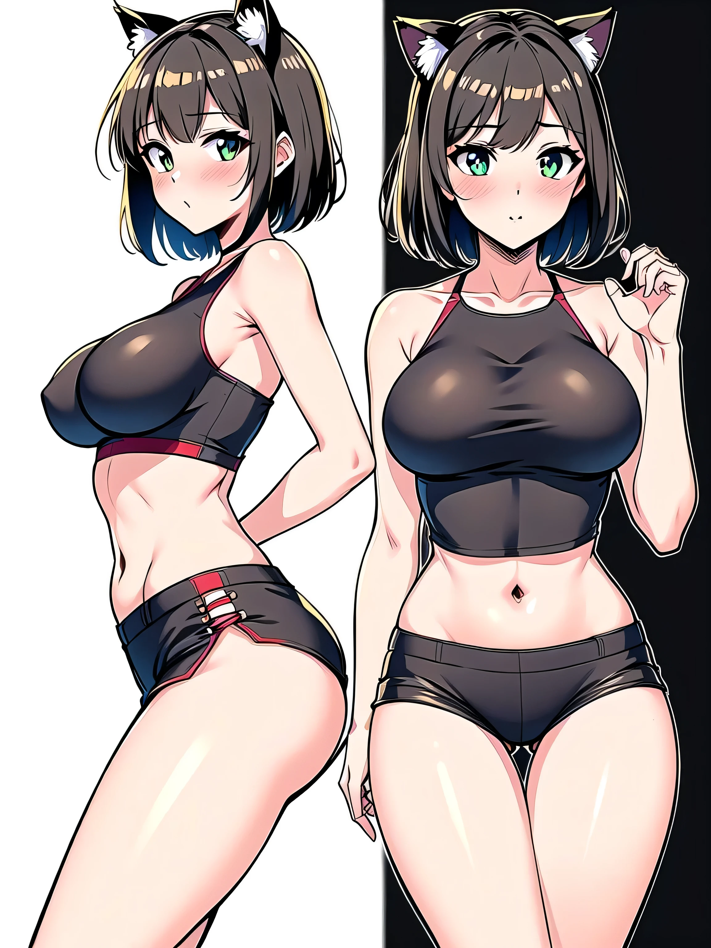 all realistic intricate details, woman, kitten pose, cat ears, short hair, perfect hands, perfect fingers, perfect body, sensual cleavage, medium breasts, red shirt, wearing tight black shorts, sexy shorts, vinyl shorts, Ultra HD, image 4k, best image quality, (fidelity: 1.4), photoreal, light green eyes, eyelashes, beautiful pupil, shadows, slight blush, delicate facial features, reasonable facial features, exposed waist, natural sexy pose, random angle