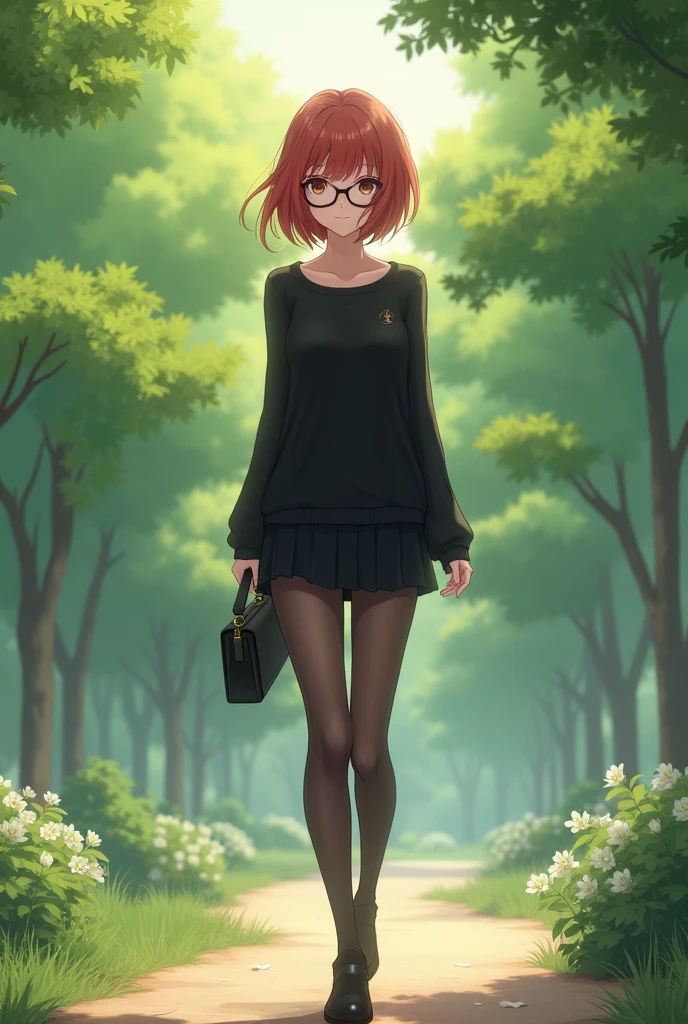 anime, young woman, thin, light skin, brown eyes, short hair, reddish hair, glasses, black eyeliner, subtle black eyeliner, reddish cheeks, black sweater, long-sleeved sweater, black skirt, short skirt, long stockings, transparent dark stockings , black shoes, walking in the park