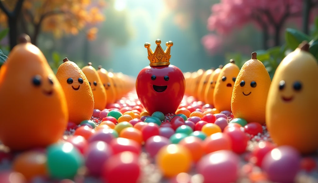 The Jelly Bean Army marched through the Candy Forest, their colors shining brightly. They reached the border of the Fruit Kingdom, where they were met by the Fruit King—a tall, regal apple with a golden crown. The Fruit King was surrounded by his fruity generals: a zesty orange and a cool, refreshing banana.