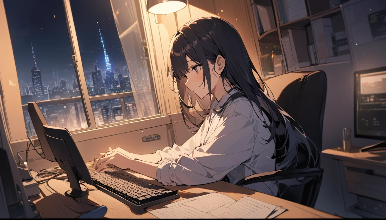 Beautiful Japanese woman in her 20s, working on a computer at a window seat, night city outside the window, horizontal screen size,