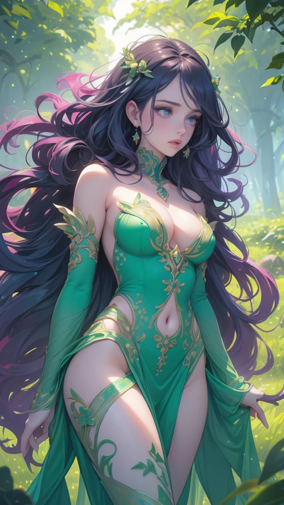 uma dryad; beautiful and sculptural toned body; rosto angelical; scenery with strong and vivid colors; beautiful lips; focused and ultra detailed eyes; uhd; royal leaf clothing, greens and vines with colorful flowers; (Wavy hair,  matte black and long swaying in the wind); lot of flowers, flowery atmosphere, beautiful landscape