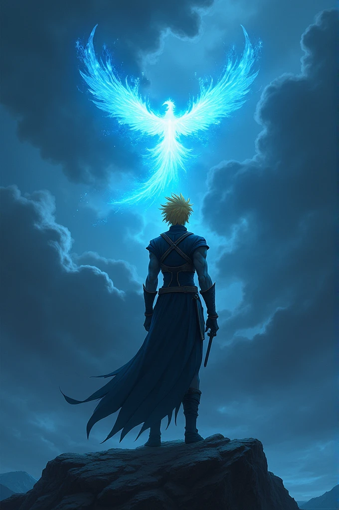 Imagine Anime badass guy. Yellow hairs. Eyes covered with a black cloth. Showing his back standing on a cliff with loneliness. Dark rainy clouds. Long slim muscular body. Twin daggers on back. Looking at blue flame phoenix in the sky