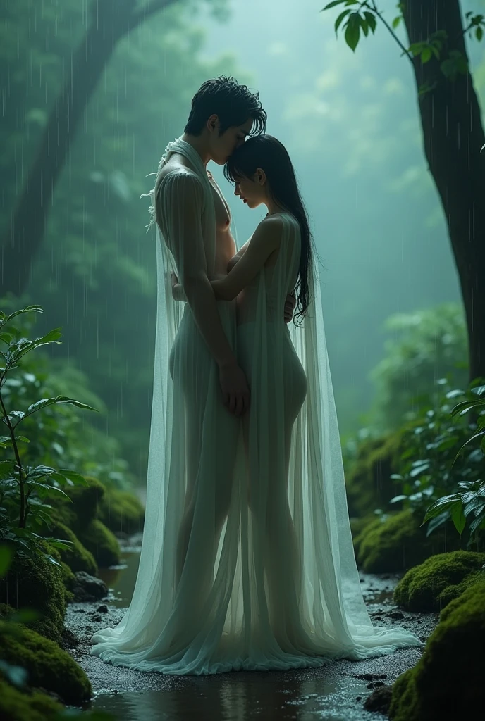 They are in the forest in the rain.,The thin white cloth clings to the body, allowing the ship to be seen inside.,full body, One person is holding another person., Photo by Zhang Han, Tumblr, Neo-romantic, Wuxia, It's true, Zhang., cinema. By Lengjun, lean, Still from the live action movie., Still from a fantasy movie, The movie is still 8K, An impersonal still image, Xianxia Fantasy