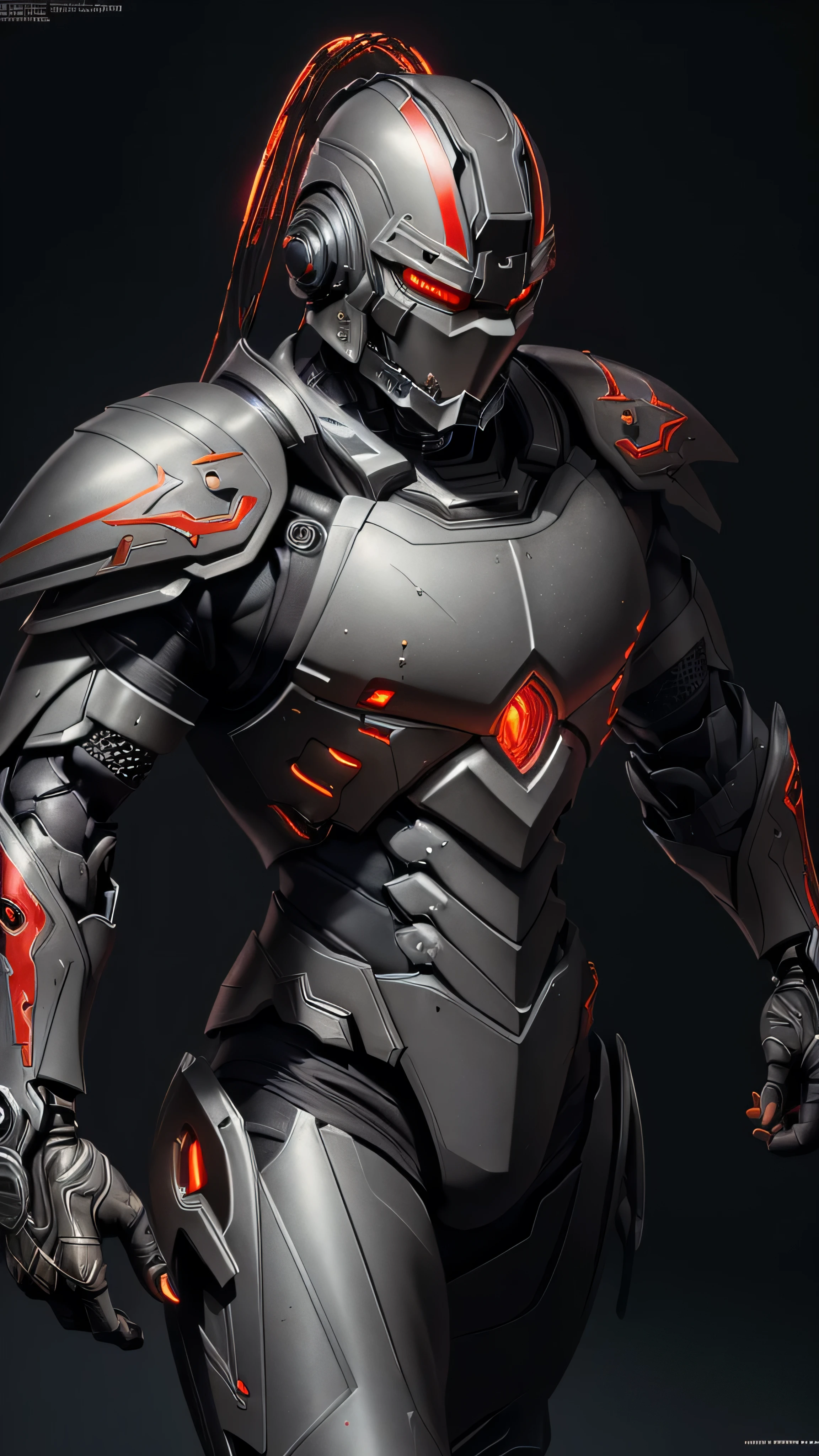 zxcrx, cyborg ninja, sleek (dark grey and black armour:1.5), various mechanical components, face is covered by a helmet with a (glowing red visor:1.3), equipped with powerful guns, missile launchers, retractable blades, (insanely detailed, beautiful detailed face, masterpiece, best quality), cinematic lighting, 1man, solo, full body view, front view, looking at viewer, intricate, high detail, sharp focus, dramatic, photorealistic painting art by greg rutkowski