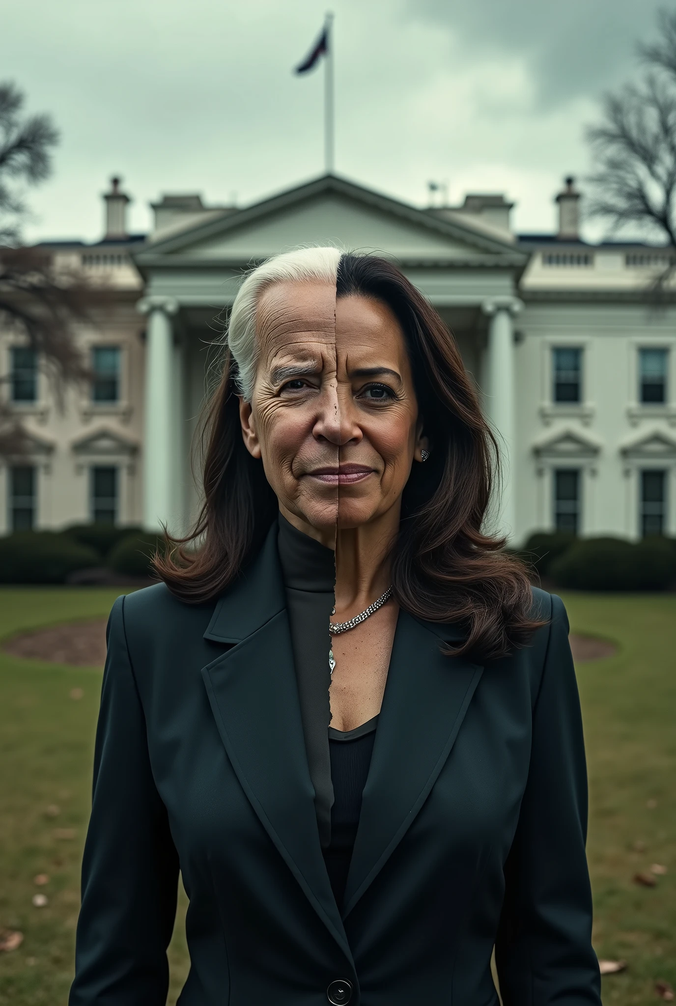 Make a two faced style Joe Biden and Kamala Harris as one person standing in front of an apocalyptic whitehouse
