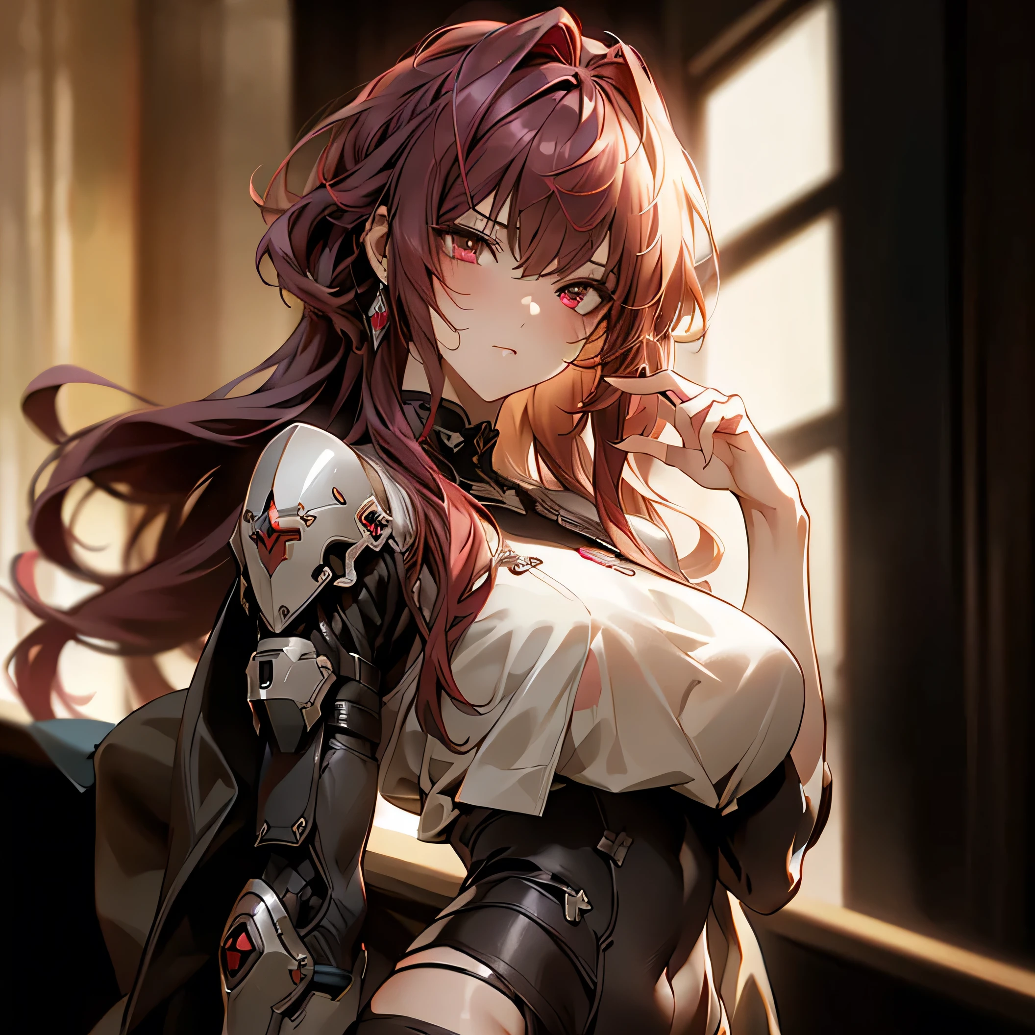 (best quality)), ((Masterpiece)), (details:1.4), 3d, HDR (high dynamic range), an image of a beautiful cyberpunk female, Red hair, Curtain Bangs, Red eyes, hips up, จมูกโด่ง, ปากแดง, หน้าอกใหญ่, nvidia RTX, PBR surface, After processing, Anisotropic filtration,depth of field, Maximum clarity and clarity, multi-layered surface, Subsurface scattering, perfect proportions, 8K raw files, ultra detailed, Perfect proportions, volumetric lighting, soft lighting, Holy Paladin, Heavy black Armor, glossy skin, gorgeous, intricate grey background, strong back lighting, jewely, ต่างหู, นิ้วมือสมบูรณ์, กระโปรงสั้น