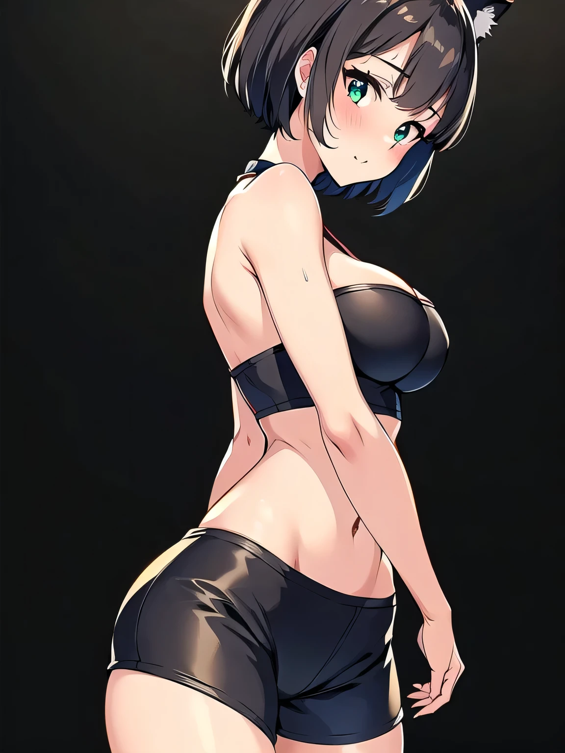 (masterpiece, best quality:1.2),  noodle (gorillaz), black hair, 1girl, streaked hair, black eyes, multicolored hair, bangs,  parted lips, breasts, small breasts,  bob cut, (masterpiece, best quality, high resolution),cowboy shot, 1girl, ass, sitting, solo, from behind, desk, panties,  ass focus, wide hips, huge ass,