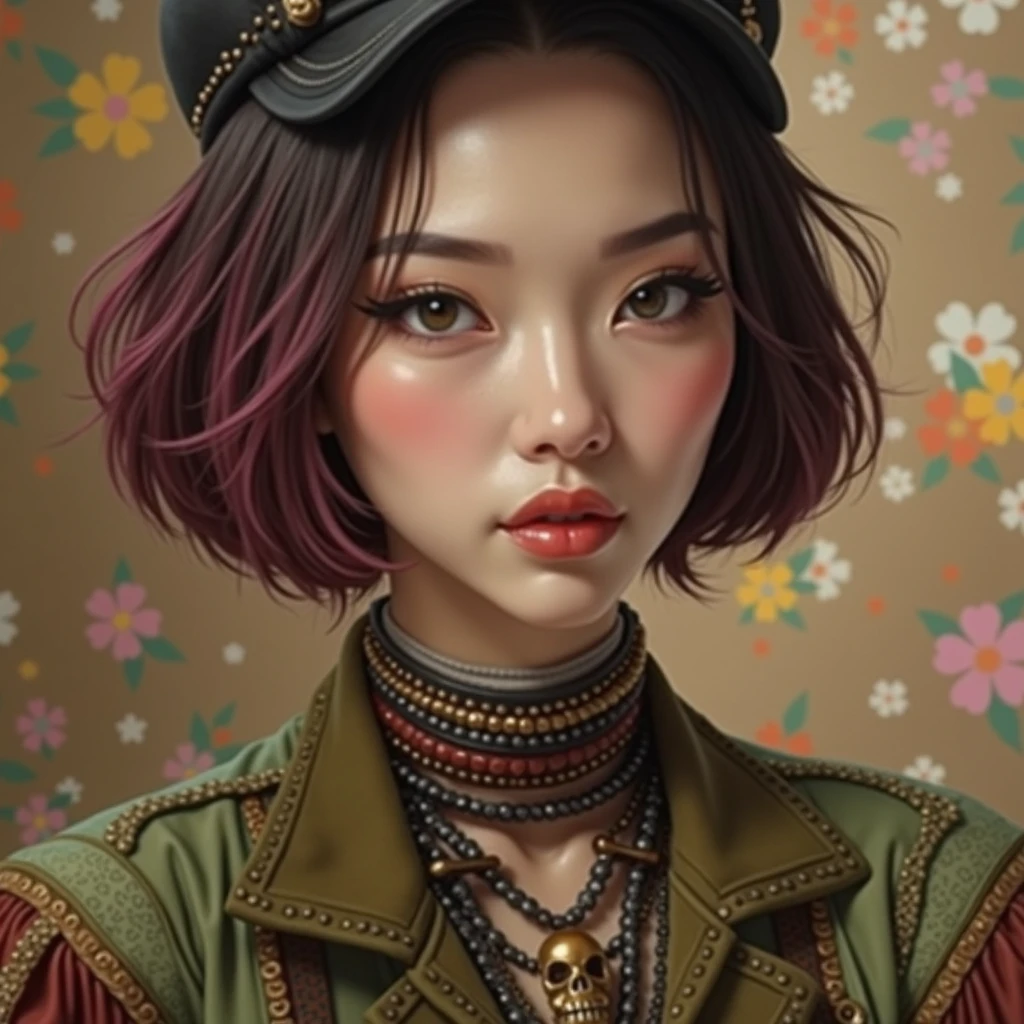 8K quality, watercolor painting, stylish design, (((The strongest beautiful girl of all time))), (((Japanese))), Fashionable hats, (((highest quality))), bob hair, HDR, ((Detailed details)), skull fashion, detailed clothing texture, (((graffiti art))), colorful hair, ((masterpiece))、((Super detailed))、colorful flowers