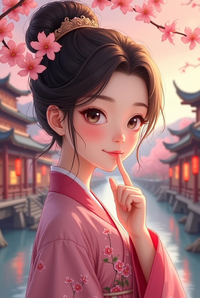 ( High resolution、 masterpiece、Highest quality、8k)、Tang Dynasty Buildings、Tang Dynasty China、Tang Dynasty China、(The face is round、Her eyes are long and cute、The most beautiful woman)、Chinese traditional clothing with a bright pink color and floral pattern、(whole body)、Brown and black round bun hairstyle、Smiling Eyes、Holding、Cute gesture、Fingers on the chin、background、Tang Dynasty Buildings、Chang&#39;an city in the Tang Dynasty、Plum blossom、river view、Riverside city lights、Lantern Light、A complete portrayal、Detailed anime art、Detailed CG、