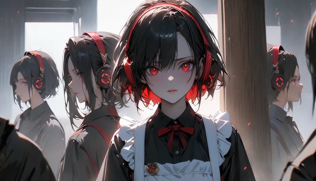 (alone), Black Hair, Shortcuts, Shiny hair, Short Hair,, Expressive hair, mature,(Age 25), Pale skin, Red eyes, ((woman)), maid,maid headdress,View your viewers,apron, beautiful, Charm, Eye Reflexes, Depth of written boundary, Lightning aura,Cinema Lighting, Ray Tracing, Depth of written boundary, Cinema Lighting, Ray Tracing, 超High resolution, Attention to detail, 最high quality, High resolution, high quality, Awards, Super Detail, masterpiece, 8k, 超High resolution, Attention to detail, 最high quality, High resolution, high quality, Awards, Super Detail, masterpiece, 8k, Digital Art, Anime Coloring, whole body, Body Shot, Nice face, Perfect Face, Detailed face,, ((Headphones))