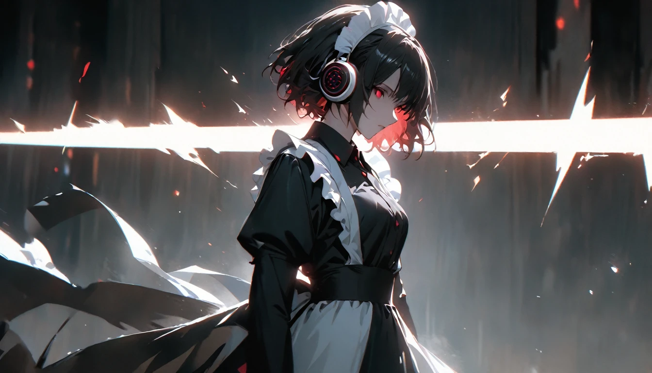 (alone), Black Hair, Shortcuts, Shiny hair, Short Hair,, Expressive hair, mature,(Age 25), Pale skin, Red eyes, ((woman)), maid,maid headdress,View your viewers,apron, beautiful, Charm, Eye Reflexes, Depth of written boundary, Lightning aura,Cinema Lighting, Ray Tracing, Depth of written boundary, Cinema Lighting, Ray Tracing, 超High resolution, Attention to detail, 最high quality, High resolution, high quality, Awards, Super Detail, masterpiece, 8k, 超High resolution, Attention to detail, 最high quality, High resolution, high quality, Awards, Super Detail, masterpiece, 8k, Digital Art, Anime Coloring, whole body, Body Shot, Nice face, Perfect Face, Detailed face,, ((Headphones))