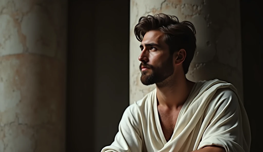 "A male stoic philosopher with a well-proportioned and attractive physique, not excessively muscular. He is wearing classic tunics, slightly transparent, that gently drape over his body, subtly revealing parts of his shoulder, with a very short and well-groomed beard, and wavy, well-stylized hair. His expression is pensive and introspective, reflecting deep contemplation. Dramatic lighting casts long, deep shadows, obscuring details and adding to the mystery. Focus on a close-up or medium shot, emphasizing the texture of the marble and the subtle imperfections that suggest the passage of time. Apply a strong vignette and a touch of grain for a dramatic, timeless effect."