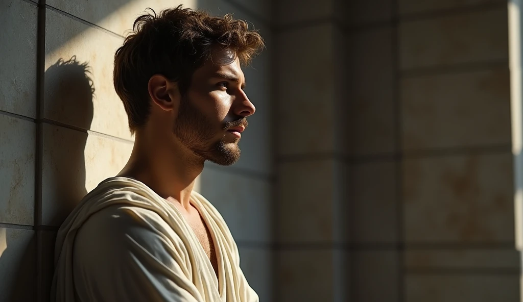 "A male stoic philosopher with a well-proportioned and attractive physique, not excessively muscular. He is wearing classic tunics, slightly transparent, that gently drape over his body, subtly revealing parts of his shoulder, with a very short and well-groomed beard, and wavy, well-stylized hair. His expression is pensive and introspective, reflecting deep contemplation. Dramatic lighting casts long, deep shadows, obscuring details and adding to the mystery. Focus on a close-up or medium shot, emphasizing the texture of the marble and the subtle imperfections that suggest the passage of time. Apply a strong vignette and a touch of grain for a dramatic, timeless effect."