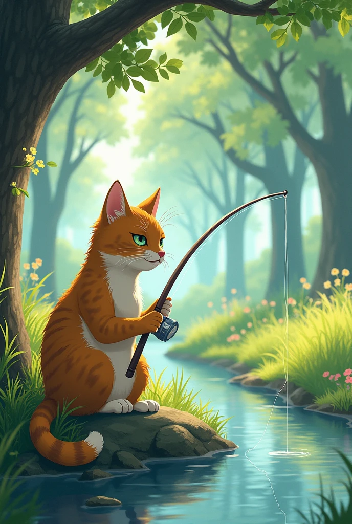 a cat fishing at the river bank, ghibli