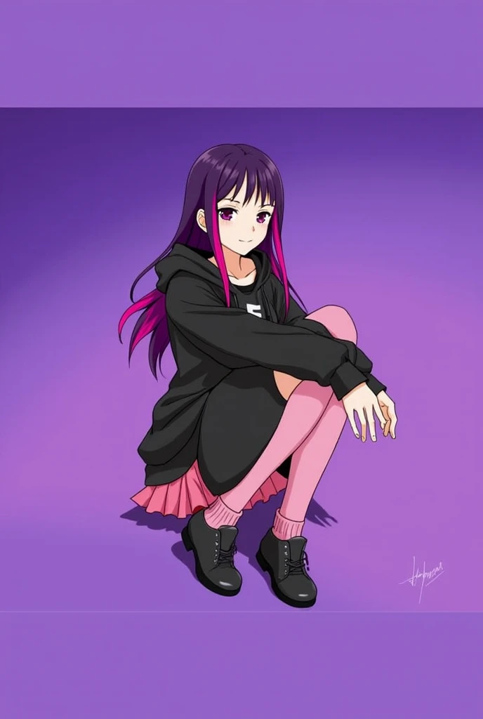 anime girl with dark purple hair and two pink streaks on her bangs, wearing a black sweatshirt, a short pink skirt and black  leggings, pink socks and black shoes