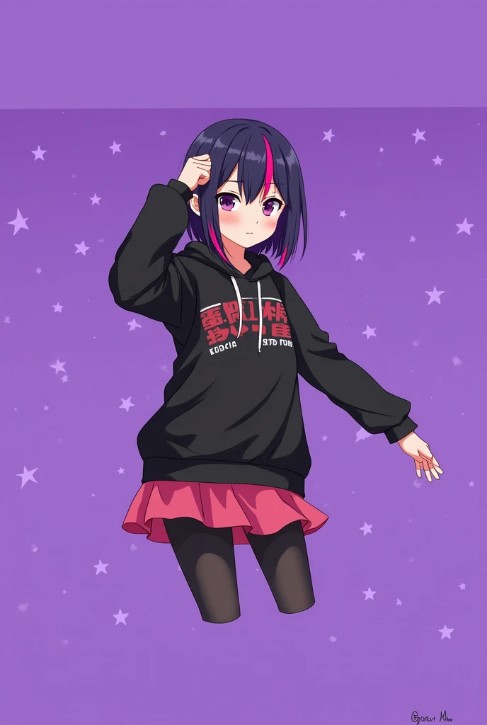 anime girl with dark purple hair and two pink streaks on her bangs, wearing a black sweatshirt, a short pink skirt and black  leggings, pink socks and black shoes