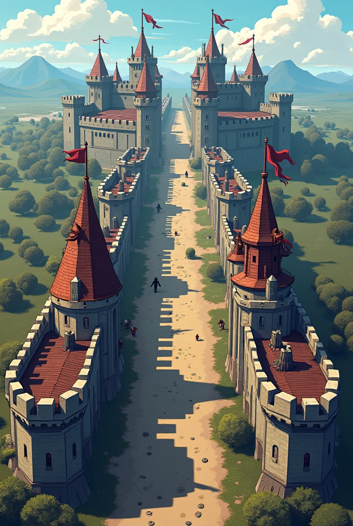 Last War game in war between miniature castles, all castles with the same strength and size next to each other, with 2D game graphics with the alliance initials written 'C5S'