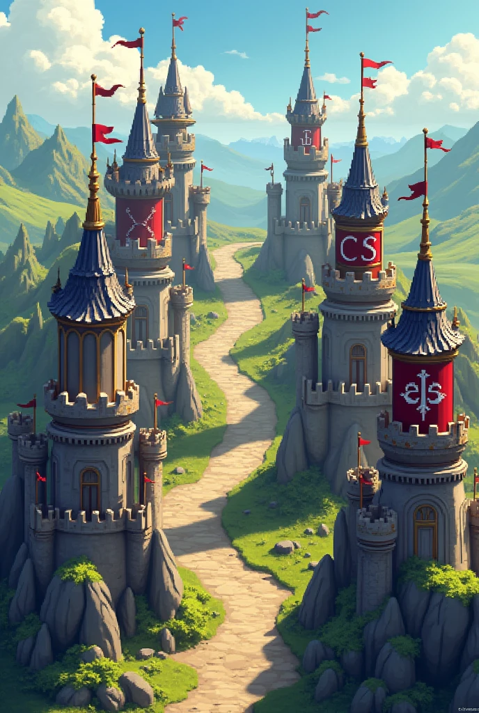 Last War game in war between miniature castles, all castles with the same strength and size next to each other, with 2D game graphics with the alliance initials written 'C5S'