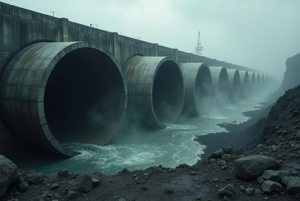 make a giant dark concrete wall 200 meters high and have ten round pipes with 15 meter diameter openings coming out of it, the wall is over a 300 meter high canyon, the pipes are huge dark and abandoned, leaking radioactive water, alien structure with cloudy and stormy sky, dark rocky soil, steam coming out of the pipes