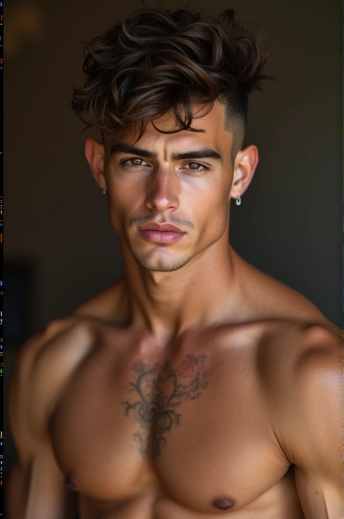An athletic boy,handsome, His physique is slim and toned,He is sexy and a good person, Her hair is mohawk style and curly, Her skin is white, His eyes are brown,eyelashes that highlight your eyes, his jaw is marked,His nose matches his face, Her lips are light pink, Your teeth are perfect