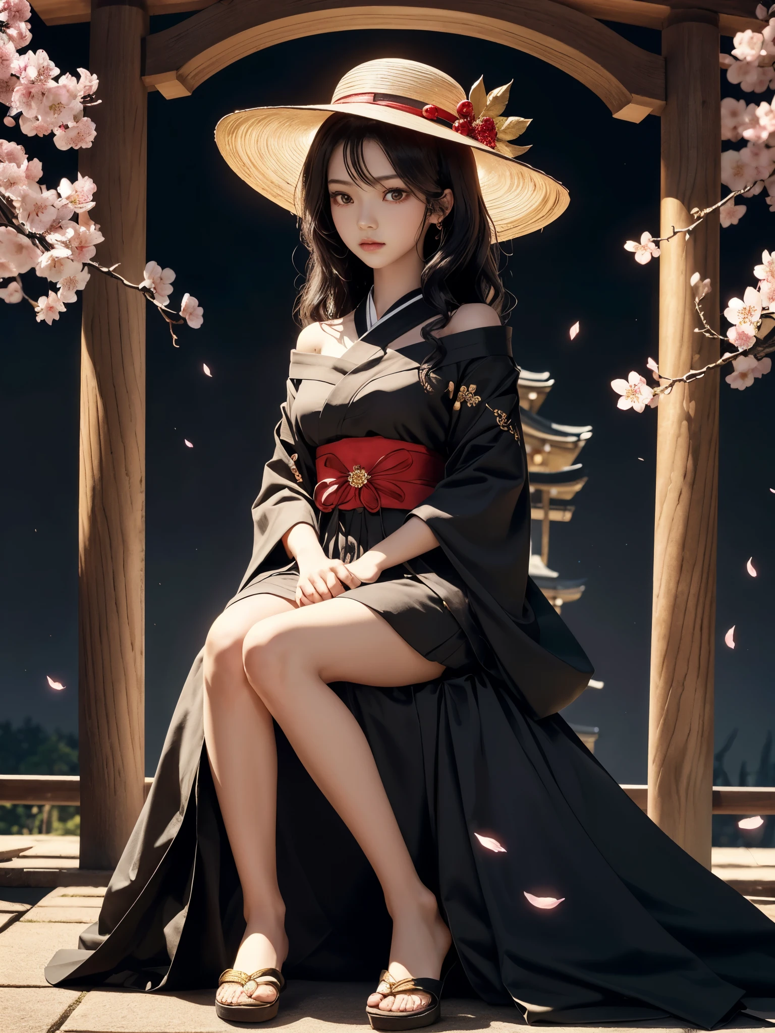 1girl, sitting on knees, full body, wearing haori on shoulder, (yo, cute:1.2), (breasts:1.2), floating glowing ball, tall hat, detailed face, looking at viewer, dark background, cherry blossom tree, shinto shrine gate, renaissance elegant red and black, gold details, tied medium length wavy ebony hair, red pupils, gothic,