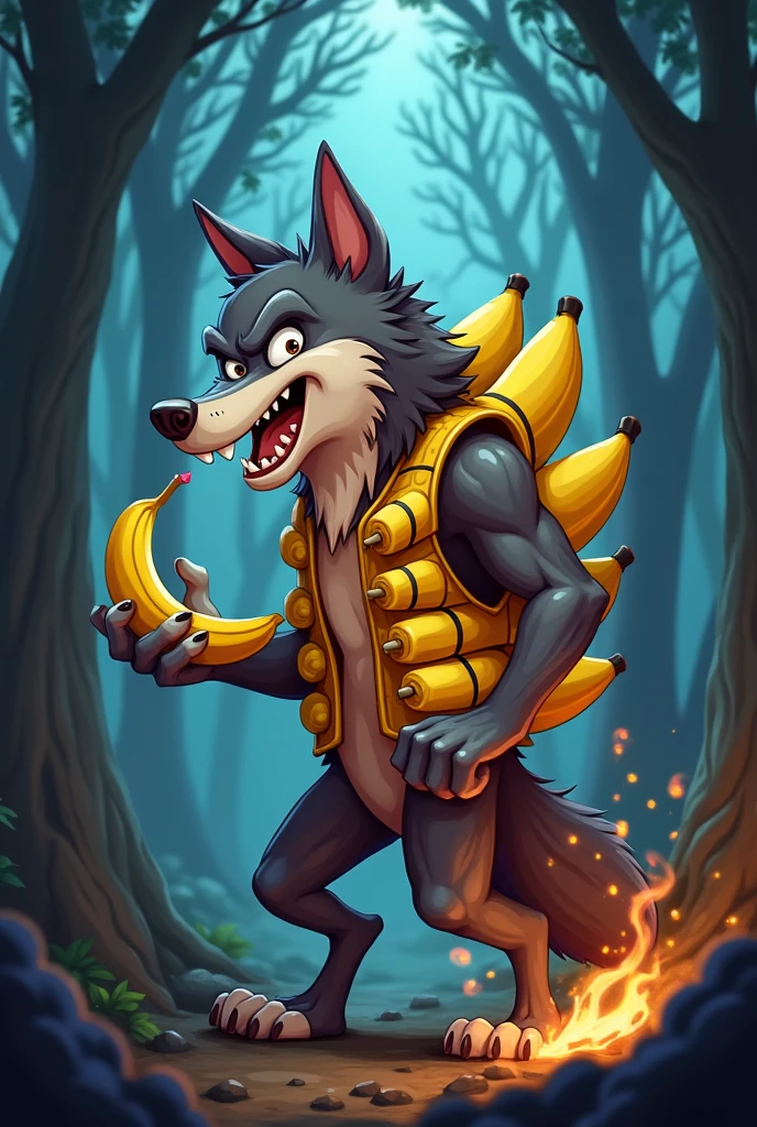 Cartoon character of a strong wolf, with dynamite banana vest, in dark forest, an animated character, with a banana in your mouth and a bomb in your hand