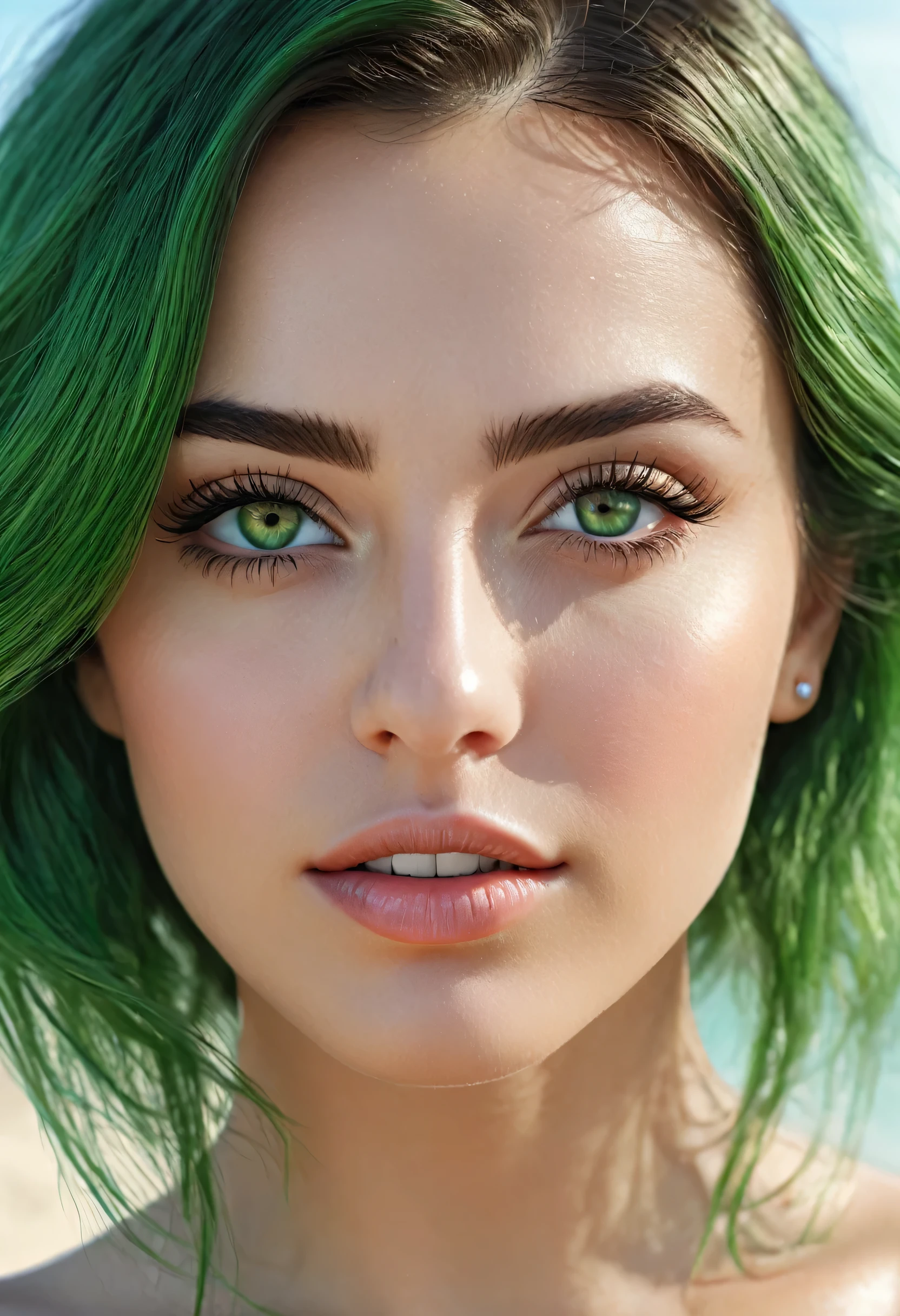 (best quality, 4k, 8k, high resolution, masterpiece: 1.2), ultra-detailed, (realistic, photorealistic, photorealistic: 1.37), beautiful detailed eyes, beautiful detailed lips, extremely detailed face, long eyelashes, medium : May beach, loose Green hair, green eyes shining intensely, beach, subtle sunlight