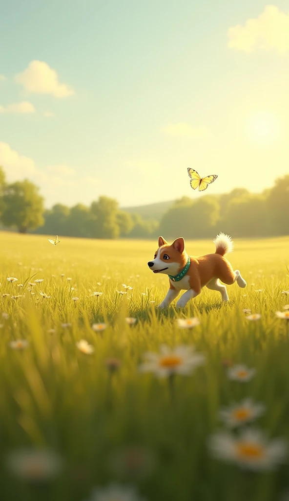 A wide-open field bathed in soft sunlight, with tall grasses swaying gently in the breeze. A small dog, Benny, is chasing a butterfly near the edge of the field, full of energy and excitement.