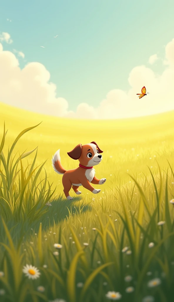 A wide-open field bathed in soft sunlight, with tall grasses swaying gently in the breeze. A small dog, Benny, is chasing a butterfly near the edge of the field, full of energy and excitement.