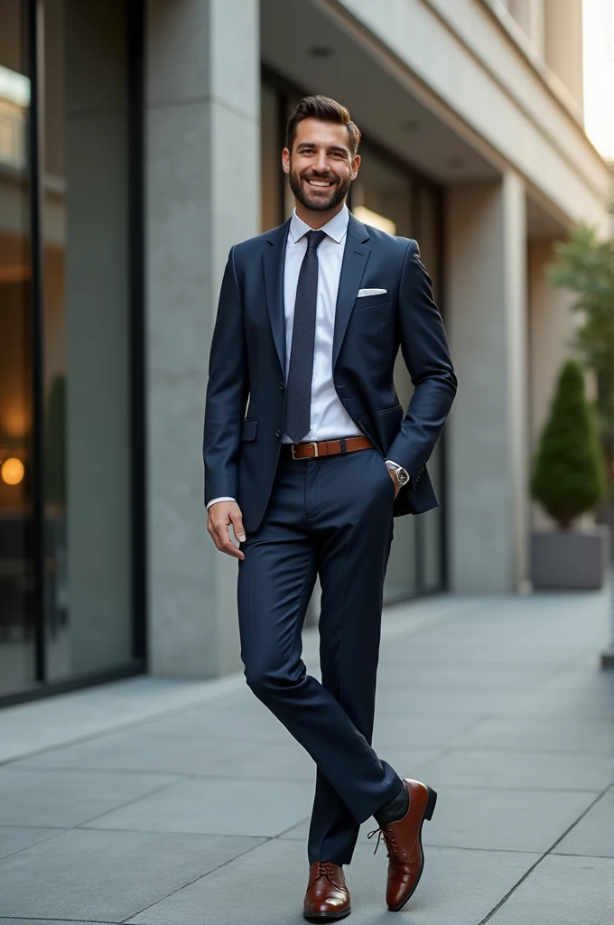 I want a very elegant suit on a very cheerful man next to an office