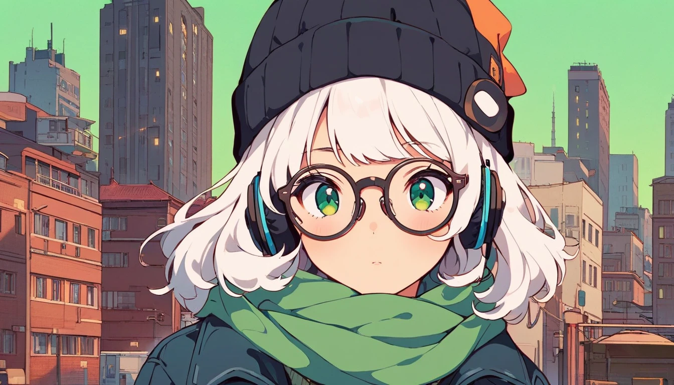 (extremely detailed CG unity 8k wallpaper), (best quality), (best illustration), (best shadow), realistic lighting, beautiful detailed reglow, masterpiece, best quality, lofi artstyle, lofi art, city, town, 80s anime style, Retro, Lo-Fi, 1girl, 1girl, bangs, beanie, black headwear, blush, covered mouth, glasses, green background, green eyes, green scarf, green theme, hat, jacket, looking at viewer, round eyewear, scarf, simple background, solo, white hair, medium shot, full body shot, Using Headphone, headphone