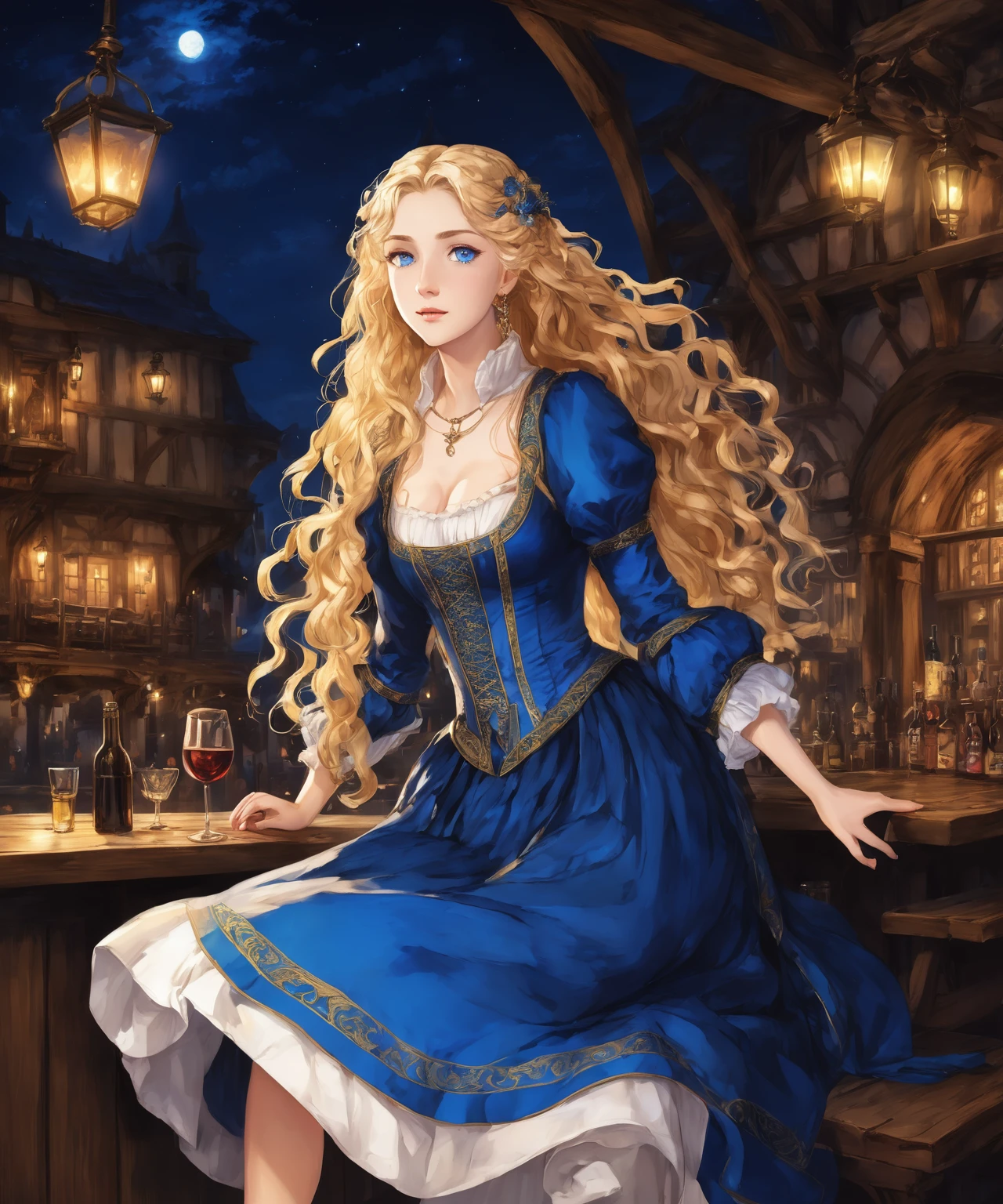 masterpiece, safe, best quality, expressive eyes, perfect face a young anime woman in renaissance, historical, fantasy wearing blue dress long curly blonde hair down her waist no bangs saphire eyes. she is in a night time tavern, excited to enjoy the music