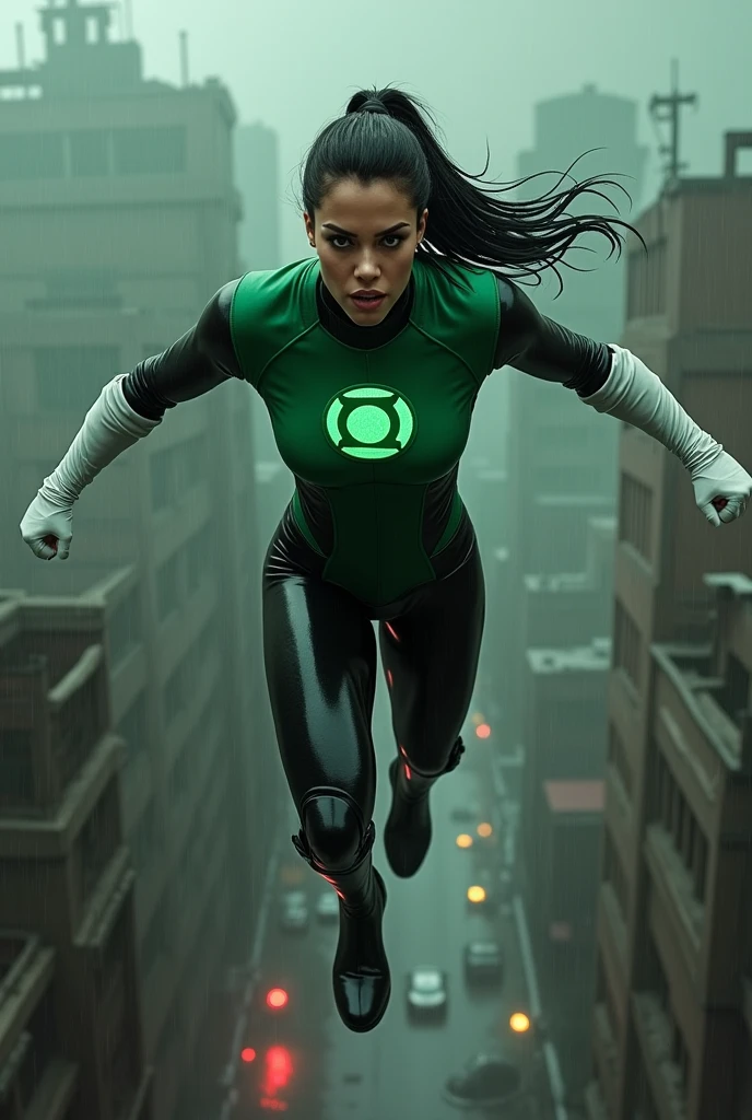 a beautiful woman with black hair tied in a ponytail Jessica Cruz under the cloak of Green lanters flying over an apocalyptic and rainy city screaming exhausted after a battle Green suit combined with black in shiny leather boots and white leather gloves emblem of the Green lanters on her chest (((without cape))) 